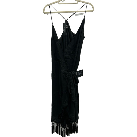 NWT Lulus Womens Fun Affair Wrap Dress Fringe Trim Embroidered Boho Black Size S - Picture 11 of 14